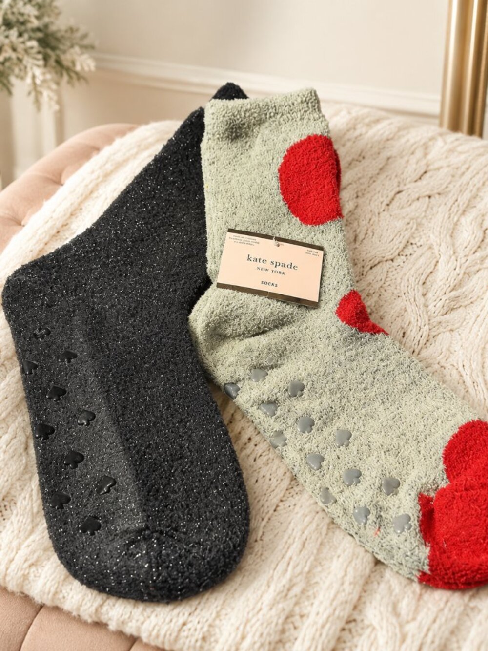 Kate Spade Fuzzy Non-Slip Socks 2 Pair Black Gray Red Polka Dot NWT